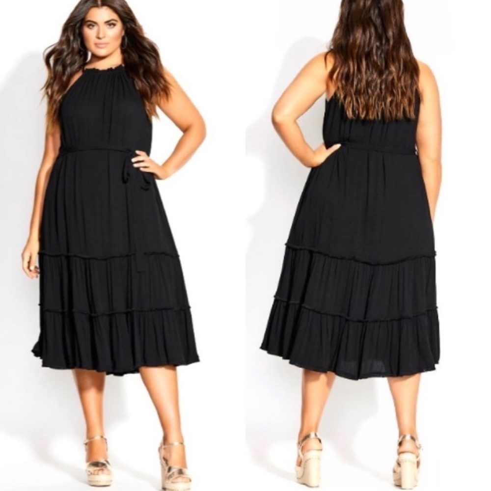 NWT City Chic Fringe Tiered High Neck Midi Dress in Black